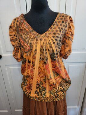 Orange Floral Pleated Knit Top Rhinestones Ruched M Boho Grunge Fairy Fall Y2K
